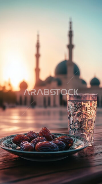 طبق من حبات التمر الطازجة وكأس من المشروبات، الاستعداد لقدوم شهر الخير والبركة، أجواء رمضانية روحانية، أعياد ومناسبات دينية ،خلفية المساجد الاسلامية وقت غروب الشمس
