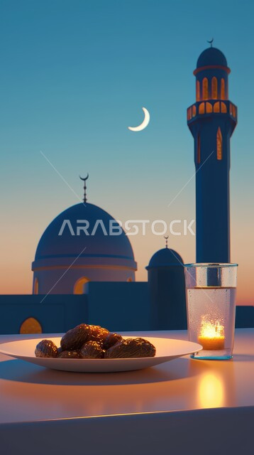 طبق من حبات التمر الطازجة وكأس من المشروبات، الاستعداد لقدوم شهر الخير والبركة، أجواء رمضانية روحانية، أعياد ومناسبات دينية ،خلفية المساجد الاسلامية وقت غروب الشمس