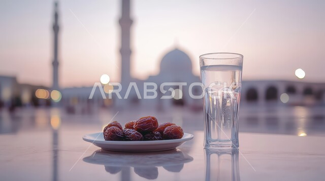 طبق من حبات التمر الطازجة وكأس من المشروبات، الاستعداد لقدوم شهر الخير والبركة، أجواء رمضانية روحانية، أعياد ومناسبات دينية ،خلفية المساجد الاسلامية وقت غروب الشمس