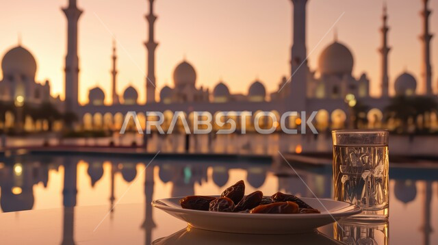 طبق من حبات التمر الطازجة وكأس من المشروبات، الاستعداد لقدوم شهر الخير والبركة، أجواء رمضانية روحانية، أعياد ومناسبات دينية ،خلفية المساجد الاسلامية وقت غروب الشمس