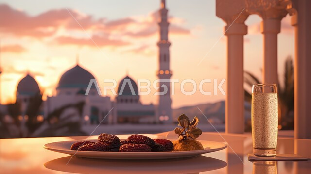 طبق من حبات التمر الطازجة وكأس من المشروبات، الاستعداد لقدوم شهر الخير والبركة، أجواء رمضانية روحانية، أعياد ومناسبات دينية ،خلفية المساجد الاسلامية وقت غروب الشمس
