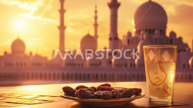  أجواء رمضانية روحانية، الاستعداد لقدوم شهر الخير والبركة، طبق من حبات التمر الطازجة وكأس من المشروبات، أعياد ومناسبات دينية ،خلفية المساجد الاسلامية وقت غروب الشمس