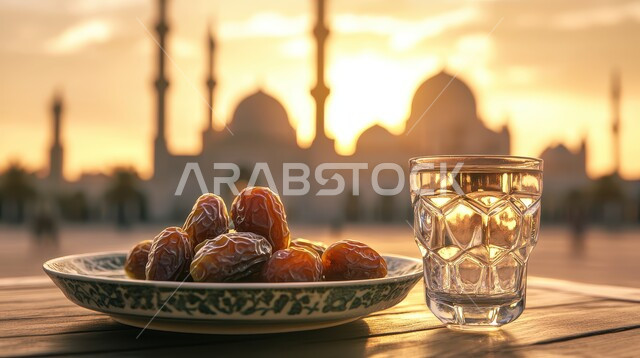  أجواء رمضانية روحانية، الاستعداد لقدوم شهر الخير والبركة، طبق من حبات التمر الطازجة وكأس من المشروبات، أعياد ومناسبات دينية ،خلفية المساجد الاسلامية وقت غروب الشمس