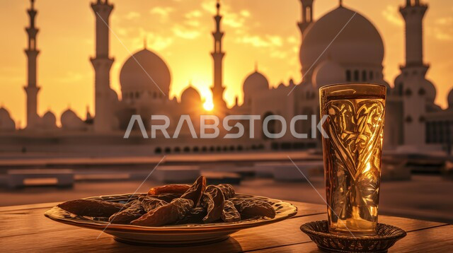  أجواء رمضانية روحانية، الاستعداد لقدوم شهر الخير والبركة، طبق من حبات التمر الطازجة وكأس من المشروبات، أعياد ومناسبات دينية ،خلفية المساجد الاسلامية وقت غروب الشمس