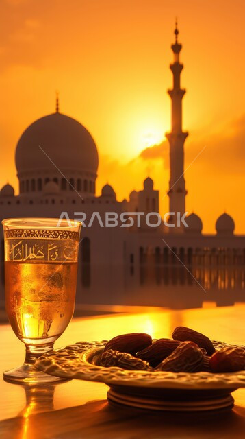  أجواء رمضانية روحانية، الاستعداد لقدوم شهر الخير والبركة، طبق من حبات التمر الطازجة وكأس من المشروبات، أعياد ومناسبات دينية ،خلفية المساجد الاسلامية وقت غروب الشمس