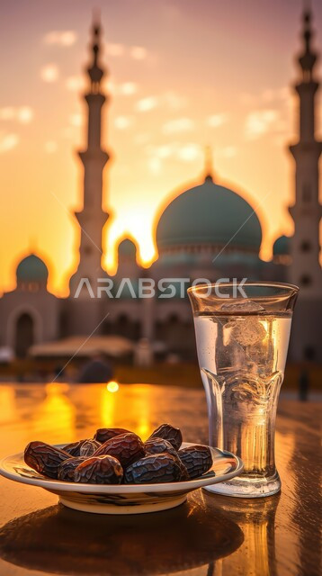  أجواء رمضانية روحانية، الاستعداد لقدوم شهر الخير والبركة، طبق من حبات التمر الطازجة وكأس من المشروبات، أعياد ومناسبات دينية ،خلفية المساجد الاسلامية وقت غروب الشمس