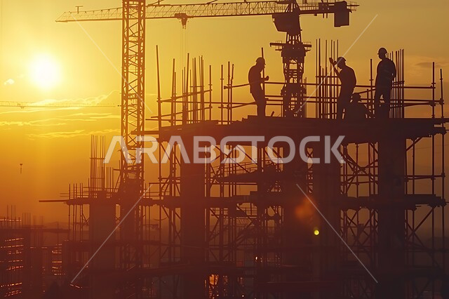 برج تحت التشييد باستخدام الآليات الحديثة في المملكة العربية السعودية, أعمال البناء وصب الخرسانات ووضع الأساسات, تنفيذ مخطط الإعمار وتشكيل الهيكل المعدني, صورة ظلية للآلات والمعدات الثقيلة والرافعات والسقالات العالية, مفهوم الهندسة الانشائية والمعمارية