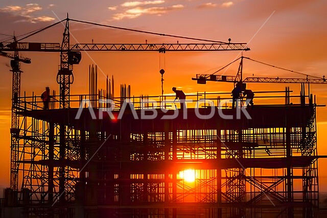 برج تحت التشييد باستخدام الآليات الحديثة في المملكة العربية السعودية, أعمال البناء وصب الخرسانات ووضع الأساسات, تنفيذ مخطط الإعمار وتشكيل الهيكل المعدني, صورة ظلية للآلات والمعدات الثقيلة والرافعات والسقالات العالية, مفهوم الهندسة الانشائية والمعمارية