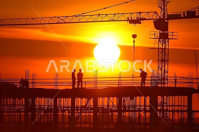 برج تحت التشييد باستخدام الآليات الحديثة في المملكة العربية السعودية, أعمال البناء وصب الخرسانات ووضع الأساسات, تنفيذ مخطط الإعمار وتشكيل الهيكل المعدني, صورة ظلية للآلات والمعدات الثقيلة والرافعات والسقالات العالية, مفهوم الهندسة الانشائية والمعمارية