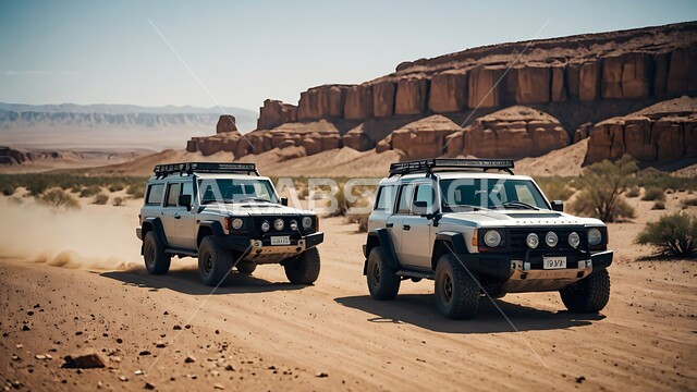 An exciting adventure in the desert environment, enjoying hobbies and recreational activities in the Saudi desert areas, adventures on the sand dunes, driving a four-wheel drive vehicle (dune bashing), a fun desert activity