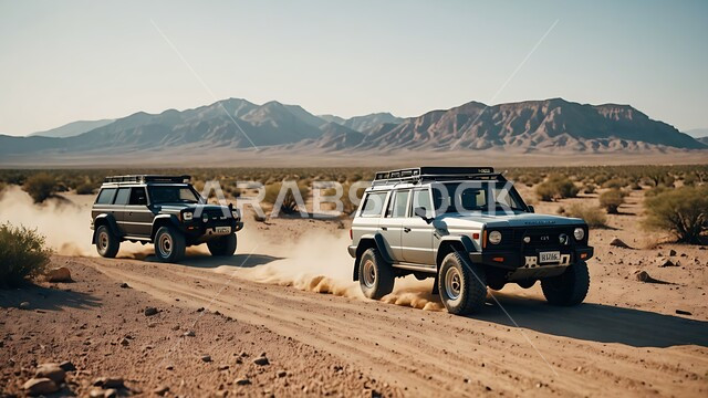 Driving a four-wheel drive vehicle (dune bashing), a fun desert activity, an exciting adventure in the desert environment, enjoying hobbies and recreational activities in the Saudi desert areas, adventures on the sand dunes