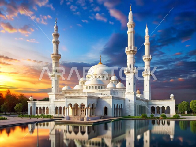 الفن الهندسي المعماري لبناء المساجد في المملكة العربية السعودية, نداء المسلمين لأداء الفرائض والصلوات, مفهوم العبادة والتقرب الى الله, الديكورات والتصاميم الخارجية للمآذن والقبب الشامخة وقت غروب الشمس, المعالم الدينية الإسلامية المقدسة