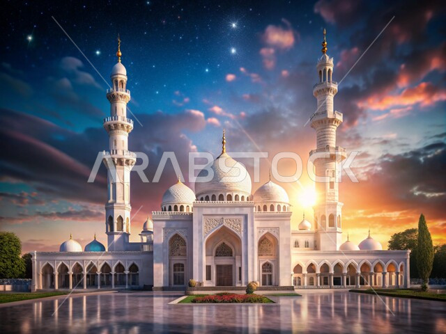 Architectural engineering art of building mosques in the Kingdom of Saudi Arabia, the call of Muslims to perform religious duties and prayers, the concept of worship and drawing closer to God, the decorations and external designs of the minarets and towering domes at sunset, the sacred Islamic religious landmarks