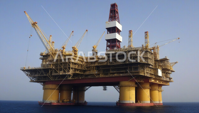 استخراج وتصدير الثروات الباطنية، منصفة نفط لاستنباط الزيوت, حفارة تقوم بالتنقيب عن النفط وسط البحر في المملكة العربية السعودية, آلات حفر ضخمة , جودة الأدوات والمعدات لصناعة وتخزين البترول