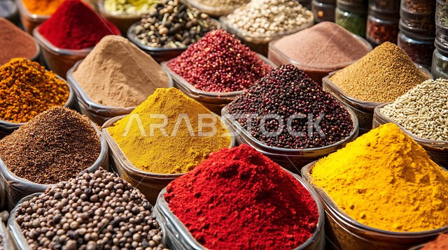 Displaying colorful and diverse spices in the markets, traditional popular markets for selling spices, natural flavors and colorants for foods and meals, plants with health and therapeutic benefits, local Saudi national agricultural products and crops