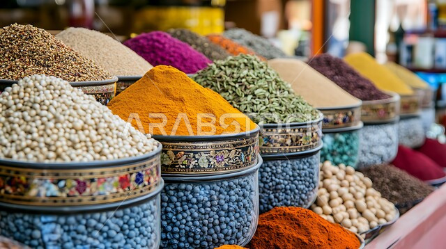 عرض التوابل الملونة والمتنوعة في الاسواق، الاسواق التقليدية الشعبية لبيع البهارات، منكهات وملونات طبيعية للمأكولات والأطعمة، نباتات ذات فوائد صحية وعلاجية، منتجات ومحاصيل زراعية وطنية محلية سعودية