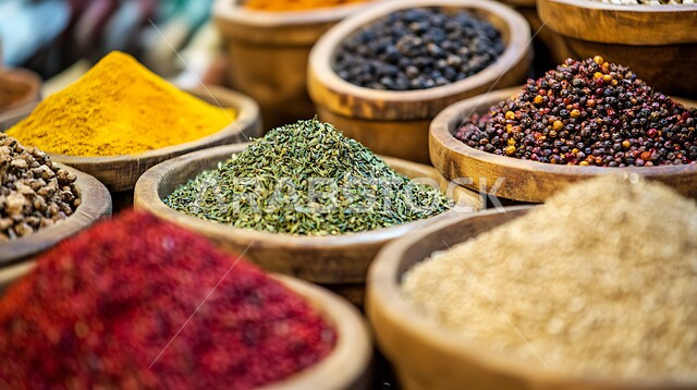 عرض التوابل الملونة والمتنوعة في الاسواق، الاسواق التقليدية الشعبية لبيع البهارات، منكهات وملونات طبيعية للمأكولات والأطعمة، نباتات ذات فوائد صحية وعلاجية، منتجات ومحاصيل زراعية وطنية محلية سعودية
