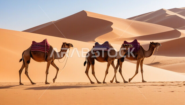 مجموعة من الجمال تسير فوق الكثبان الرملية في الصحراء، استخدام الإبل في التنقل في صحاري المملكة العربية السعودية، المناظر الطبيعية والرمال الذهبية الناعمة، الحياة البدوية الشعبية التقليدية, أماكن سياحية صحراوية