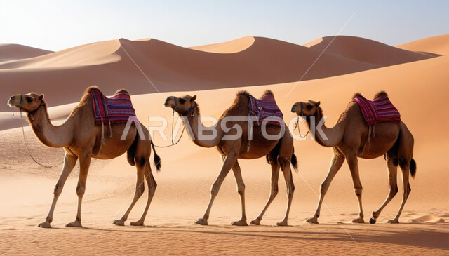 مجموعة من الجمال تسير فوق الكثبان الرملية في الصحراء، استخدام الإبل في التنقل في صحاري المملكة العربية السعودية، المناظر الطبيعية والرمال الذهبية الناعمة، الحياة البدوية الشعبية التقليدية, أماكن سياحية صحراوية