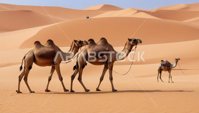 A group of camels walking over sand dunes in the desert, using camels to move around in the deserts of the Kingdom of Saudi Arabia, landscapes and soft golden sand, traditional popular Bedouin life, desert tourist places