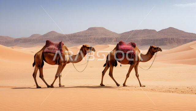 مجموعة من الجمال تسير فوق الكثبان الرملية في الصحراء، استخدام الإبل في التنقل في صحاري المملكة العربية السعودية، المناظر الطبيعية والرمال الذهبية الناعمة، الحياة البدوية الشعبية التقليدية, أماكن سياحية صحراوية