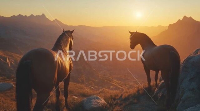 تربية وتدريب وترويض الخيول، توارث حب الخيول من الأجداد إلى الأحفاد، العناية والاهتمام بالجياد، حصانين بنيان اللون يقفان فوق الجبال والمرتفعات الصخرية عند غروب الشمس، شغف الفروسية ومهارة ركوب الخيل، المحميات الطبيعية في المملكة العربية السعودية