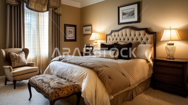 سرير كبير ومريح بتصميم حديث، اكسسوارات وتحف عصرية، الواجهات والنوافذ الكبيرة، غرفة نوم بتصاميم فاخرة، أثاث منزلي راقي، ديكورات منزلية داخلية، شقق وفلل سكنية في المملكة العربية السعودية، فنادق ومنتجعات فاخرة