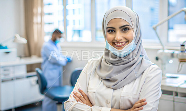الاهتمام بالأناقة والمظهر الخارجي، صورة مقربة لطبيبة أسنان عربية خليجية سعودية مبتسمة محجبة ترتدي المعطف الطبي والكمامة تنظر الى الكاميرا بإيماءات الثقة بالنفس، مهن ووظائف نسائية، التقاط الصور الشخصية