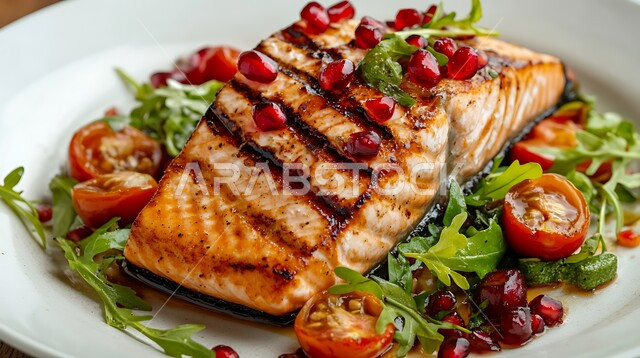 The skill of preparing various types of fish in Saudi cuisine, a smoked grilled salmon fillet dish with vegetables, delicious oriental meals, presentation arts in restaurants in the Kingdom of Saudi Arabia, delicious seafood recipes and dishes.