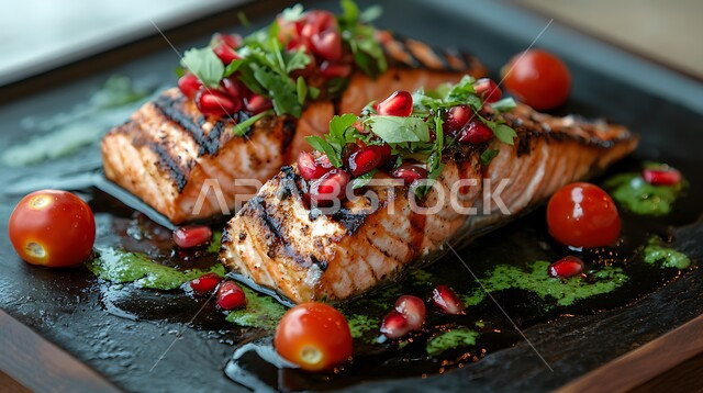 مهارة إعداد الأصناف المتنوعة من الأسماك في المطبخ السعودي، طبق فيليه سمك السلمون المشوي المدخن مع الخضار، وجبات الطعام الشهية الشرقية، فنون التقديم في مطاعم المملكة العربية السعودية، وصفات وأطباق لذيذة للمأكولات البحرية