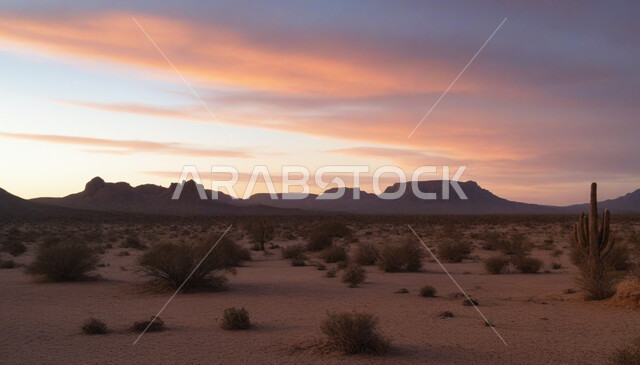 الكثبان والتلال الرملية الناعمة، التضاريس و المرتفعات الجبلية في البراري، التكوينات والتشكلات الرملية في صحراء المملكة العربية السعودية، مناطق البادية والبيئة الطبيعية الصحراوية وقت الغروب، نمو النباتات البرية