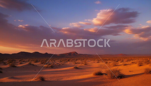 الكثبان والتلال الرملية الناعمة، التضاريس و المرتفعات الجبلية في البراري، التكوينات والتشكلات الرملية في صحراء المملكة العربية السعودية، مناطق البادية والبيئة الطبيعية الصحراوية وقت الغروب، نمو النباتات البرية