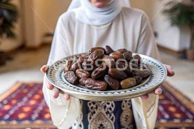 Healthy and nutritious food, high nutritional value meal, Saudi national local agricultural products and crops, close-up of girl's hands holding a plate full of fresh dates, hospitality and warm welcome