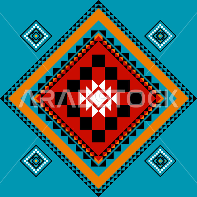 Saudi designs for authentic colorful Arabic engravings in the Kingdom of Saudi Arabia, Asir Sadu decoration in different shapes, Saudi folk heritage, traditional heritage craft arts