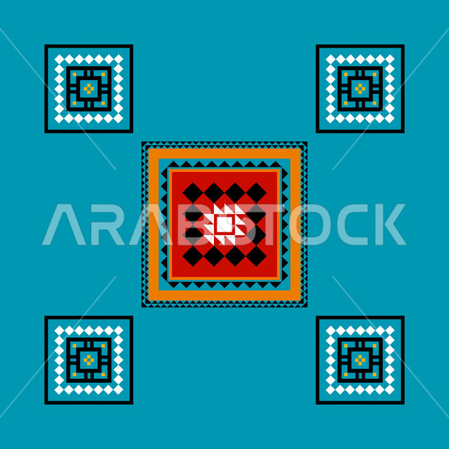 Saudi design for authentic colorful Arabic engravings in the Kingdom of Saudi Arabia, Asiri Sadu decoration in different shapes, Saudi folk heritage, traditional heritage craft arts