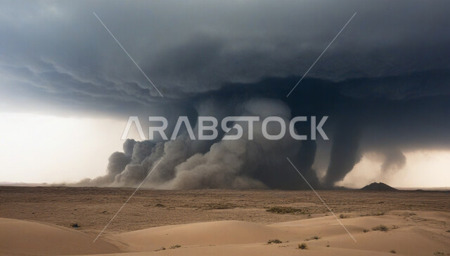 الظواهر والكوارث الطبيعية، الجو العاصف الهائج المحمل بالغبار والأتربة في صحاري السعودية، عاصفة من الرياح تضرب الصحراء، الزوايع الغبارية القوية، منظر السماء الممتلئة بالغيوم الداكنة، رياح ترابية في المناطق الصحراوية