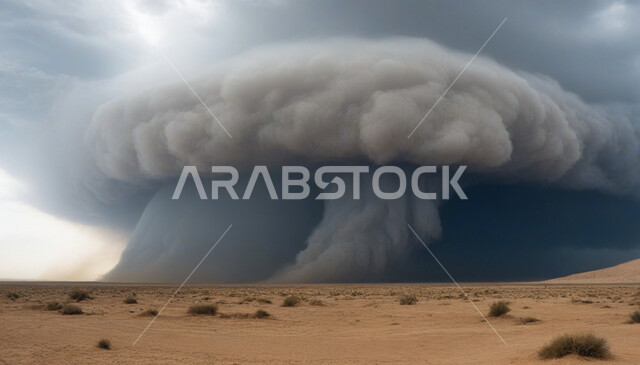 الظواهر والكوارث الطبيعية، الجو العاصف الهائج المحمل بالغبار والأتربة في صحاري السعودية، عاصفة من الرياح تضرب الصحراء، الزوايع الغبارية القوية، منظر السماء الممتلئة بالغيوم الداكنة، رياح ترابية في المناطق الصحراوية