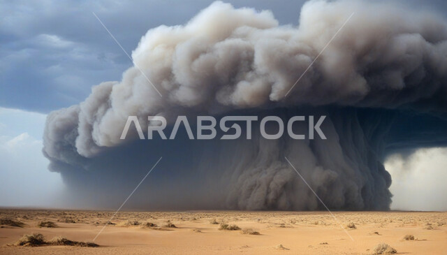 الظواهر والكوارث الطبيعية، الجو العاصف الهائج المحمل بالغبار والأتربة في صحاري السعودية، عاصفة من الرياح تضرب الصحراء، الزوايع الغبارية القوية، منظر السماء الممتلئة بالغيوم الداكنة، رياح ترابية في المناطق الصحراوية