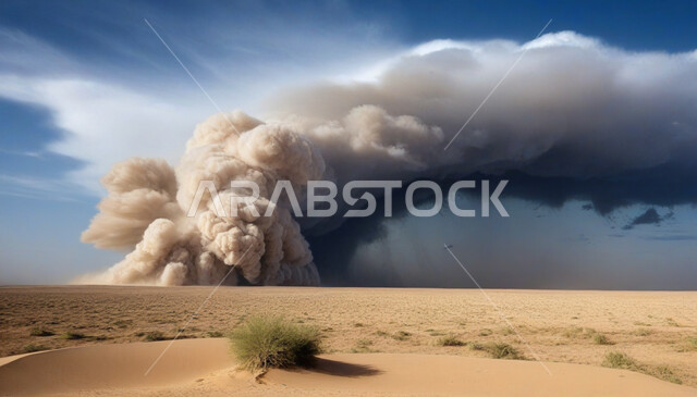 الظواهر والكوارث الطبيعية، الجو العاصف الهائج المحمل بالغبار والأتربة في صحاري السعودية، عاصفة من الرياح تضرب الصحراء، الزوايع الغبارية القوية، منظر السماء الممتلئة بالغيوم الداكنة، رياح ترابية في المناطق الصحراوية