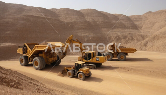 Mining sites in Saudi Arabia A group of large freight and excavation vehicles work at the mining site, areas of exploration for underground resources, rocky nature and terrain of mountain ranges, disposal of soil and rocks and transporting them away