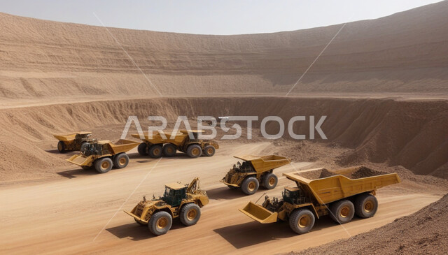 Mining sites in Saudi Arabia A group of large freight and excavation vehicles work at the mining site, areas of exploration for underground resources, rocky nature and terrain of mountain ranges, disposal of soil and rocks and transporting them away