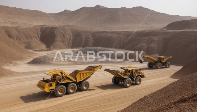 أماكن المناجم في المملكة العربية السعودية مجموعة من سيارات الشحن والحفر الكبيرة تقوم بالعمل في موقع التعدين، مناطق التنقيب عن الثروات الباطنية، الطبيعة الصخرية وتضاريس السلاسل الجبلية، التخلص من الأتربة والصخور ونقلها بعيدا