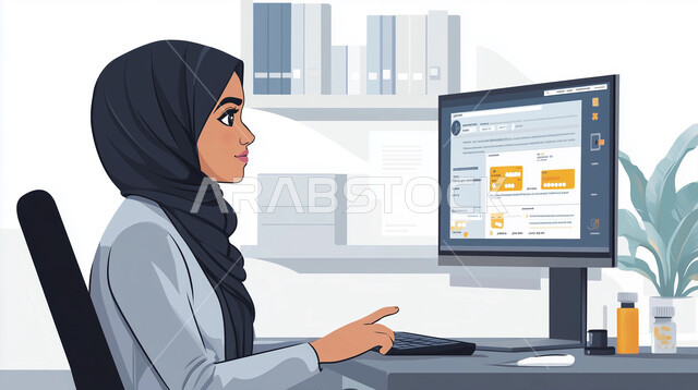 دمج التقنيات الحديثة مع الحياة العملية، رسوم توضيحية لطبيبة عربية خليجية سعودية ترتدي المعطف الطبي و تضع السماعة الطبية تقوم بالعمل على جهاز الحاسوب, تقديم خدمات الرعاية الصحية, استخدام الأجهزة التقنية المتطورة 