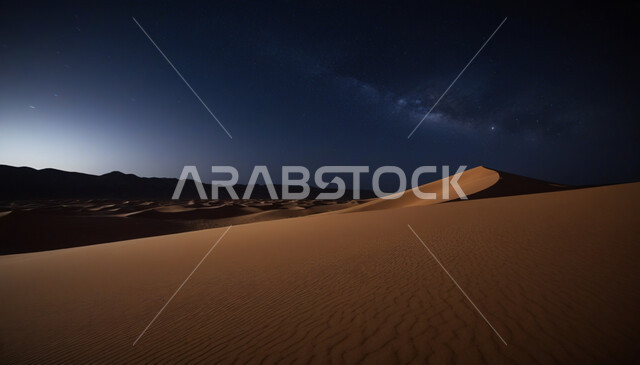 التضاريس والبيئة الصحراوية في وقت الليل، مجرة درب التبانة والنجوم اللامعة في سماء المملكة العربية السعوديه, الهضاب والتلال و الكثبان الرملية الذهبية، خلفية الطبيعة