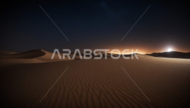 التضاريس والبيئة الصحراوية في وقت الليل، مجرة درب التبانة والنجوم اللامعة في سماء المملكة العربية السعوديه, الهضاب والتلال و الكثبان الرملية الذهبية، خلفية الطبيعة