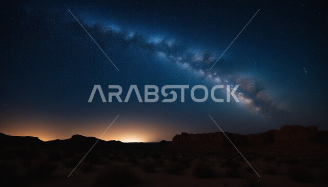 Desert terrain and environment at night, Milky Way and bright stars in the sky of Saudi Arabia, plateaus, hills and golden sand dunes, nature background