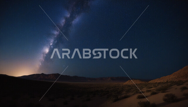 التضاريس والبيئة الصحراوية في وقت الليل، مجرة درب التبانة والنجوم اللامعة في سماء المملكة العربية السعوديه, الهضاب والتلال و الكثبان الرملية الذهبية، خلفية الطبيعة