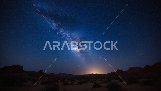 Desert terrain and environment at night, Milky Way and bright stars in the sky of Saudi Arabia, plateaus, hills and golden sand dunes, nature background