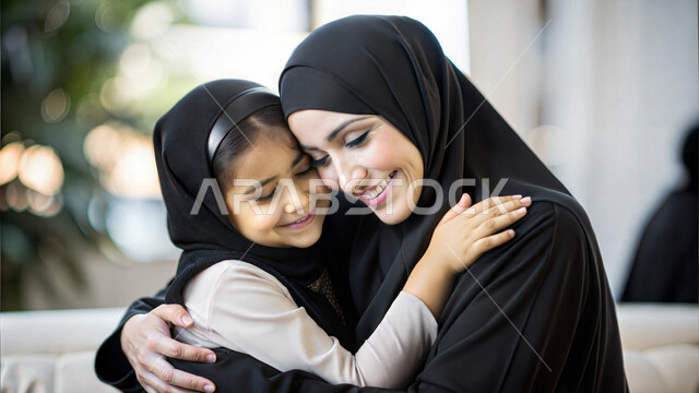 مفهوم الأسرة السعيدة المترابطة، الضحك والتسامر مع الأبناء، صورة مقربه لامراه عربيه خليجيه سعودية تقوم باحتضان ابنتها بإيماءات السعادة والسرور، الاهتمام والاعتناء بالأولاد، أجواء أسريه يغمرها الحب