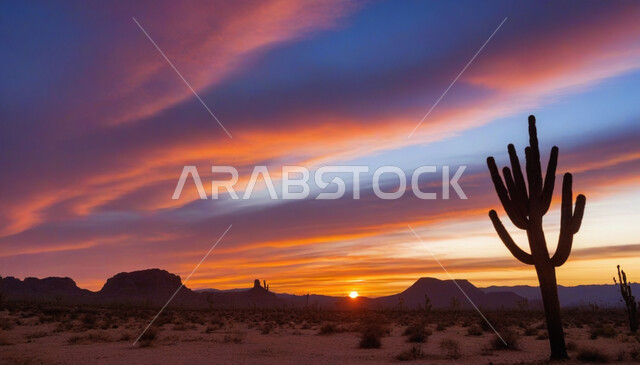 نمو النباتات البرية, القمم و المرتفعات الجبلية في البراري، التكوينات والتشكلات الرملية في صحراء المملكة العربية السعودية، مناطق البادية والبيئة الطبيعية الصحراوية وقت الغروب, خلفية الطبيعة
